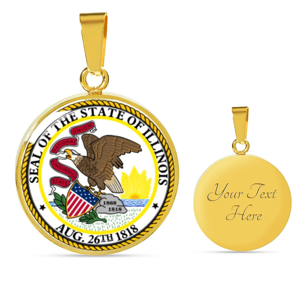 Illinois State Seal Personalized Engraved Gold Circle Necklace Custom Name Date